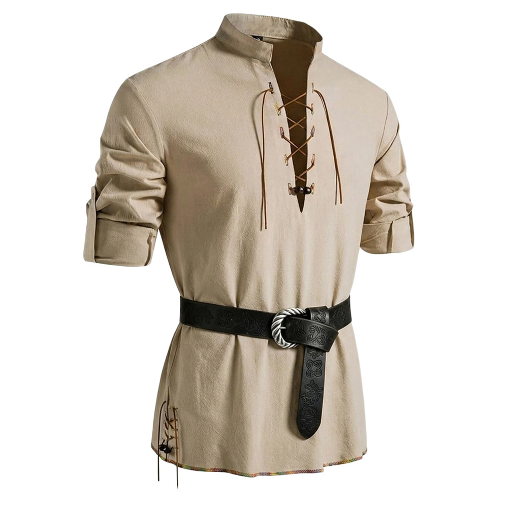 Medieval Gothic Lace Up Pirate Shirt - Men's Cotton Linen-like Shirt Vintage Lace