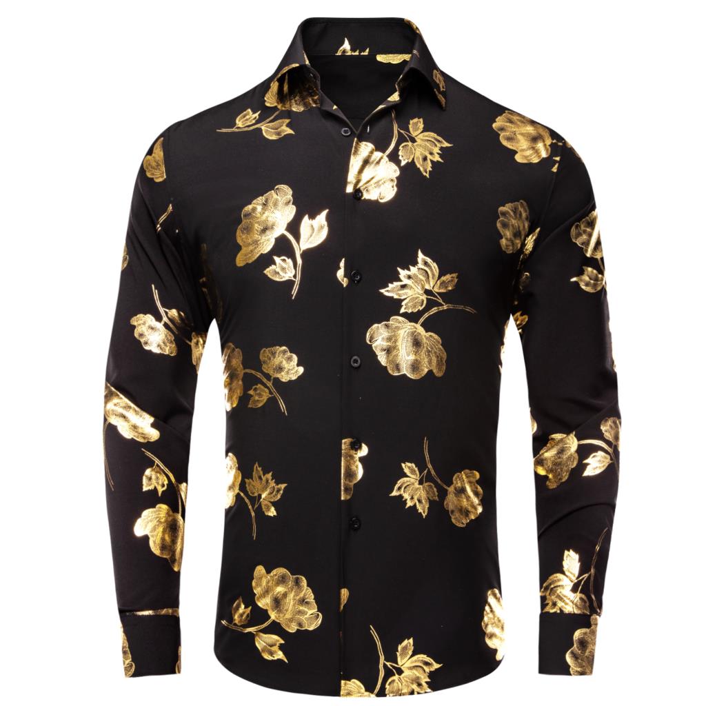 Mens Satin Silk Dress Shirt - Hi-Tie Black Gold Silk Mens Shirts