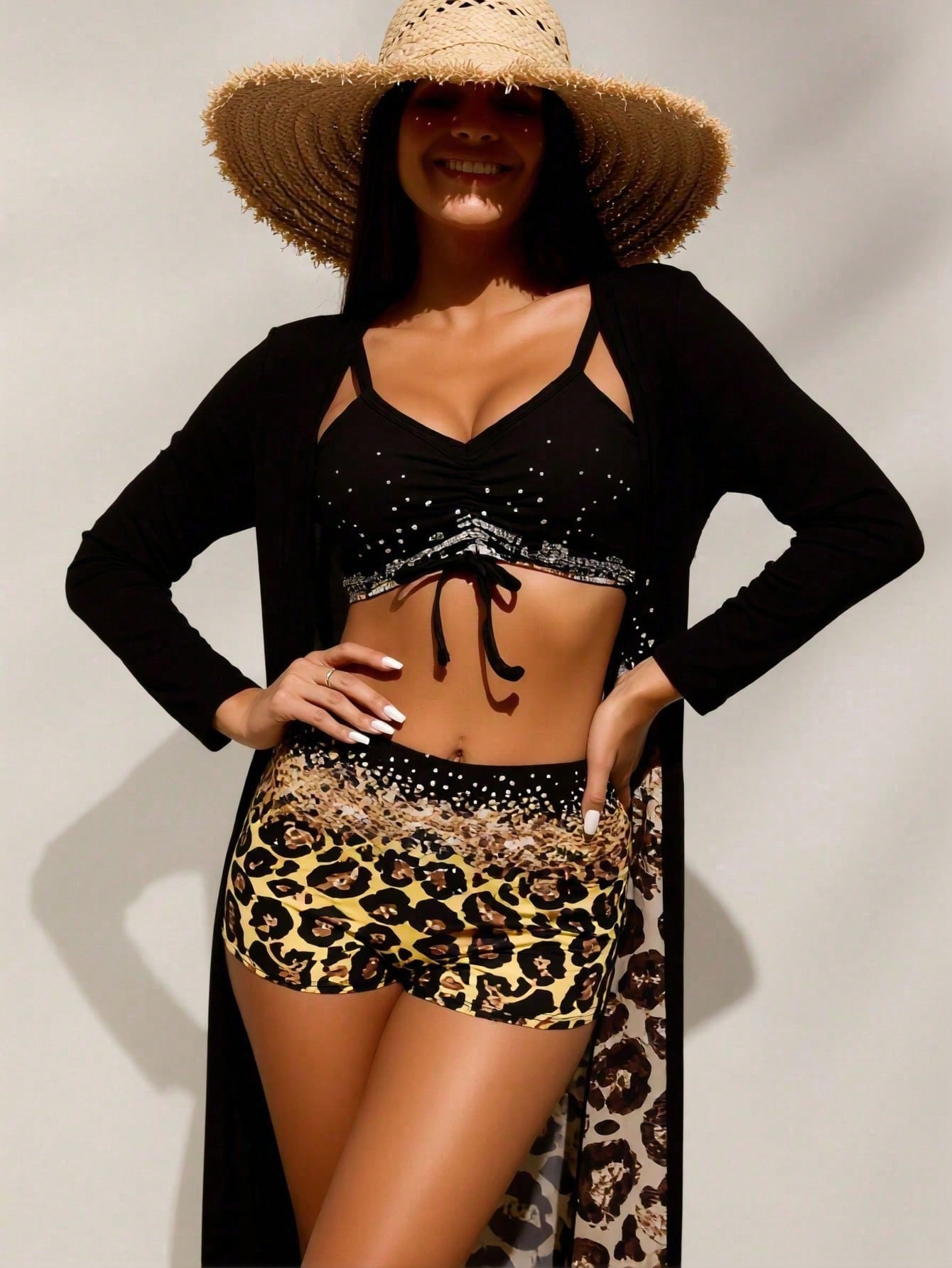 Shorts - Women's Black Rhinestone Bikini Top &