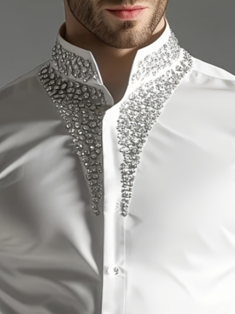 Mandarin Collar Formal Shirt Slim Fit - Luxury Rhinestone Shirt for Men Mandarin