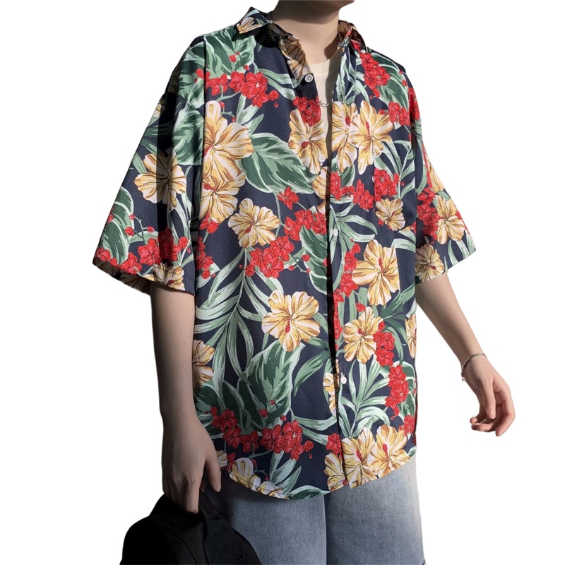 Vintage Hawaiian Floral Shirt - Casual Hawaiian Retro Floral Print New