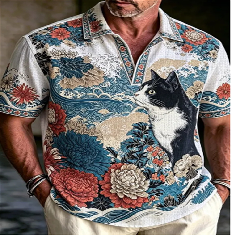 Vintage Hawaiian Floral Shirt - Men's Short Sleeve Polo Shirt Vintage