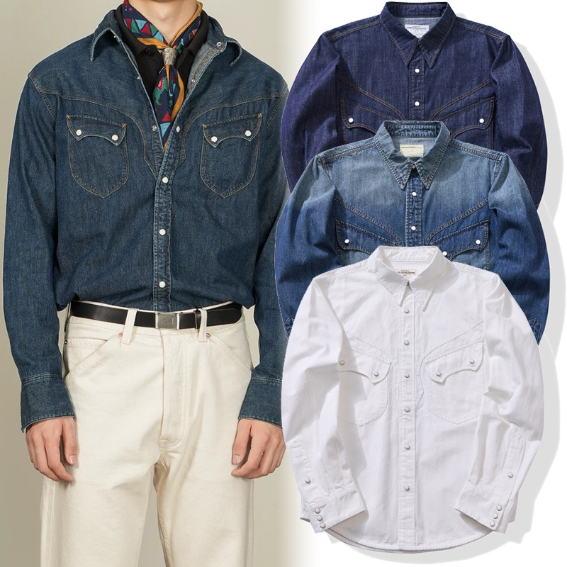 Mens Western Denim Pearl Snap Shirt - American Vintage Pearl Snap Western Shirt