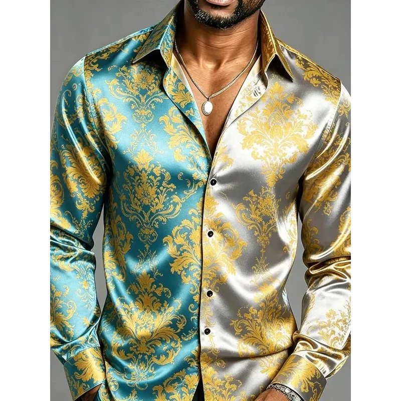 Mens Satin Silk Dress Shirt - Satin Silk Long Sleeve Baroque Floral