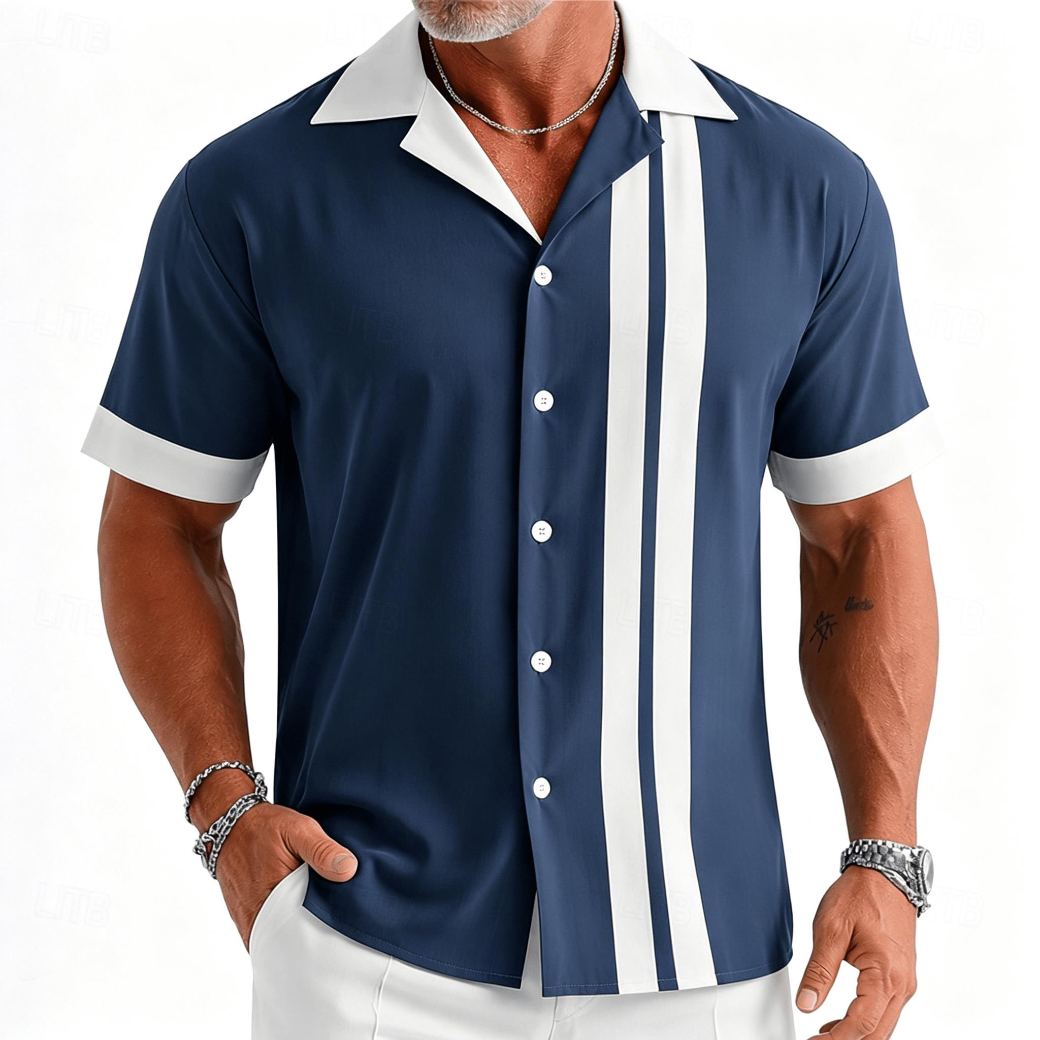 Short Sleeve Bowling Shirt Retro - Men's navy blue and white vintage