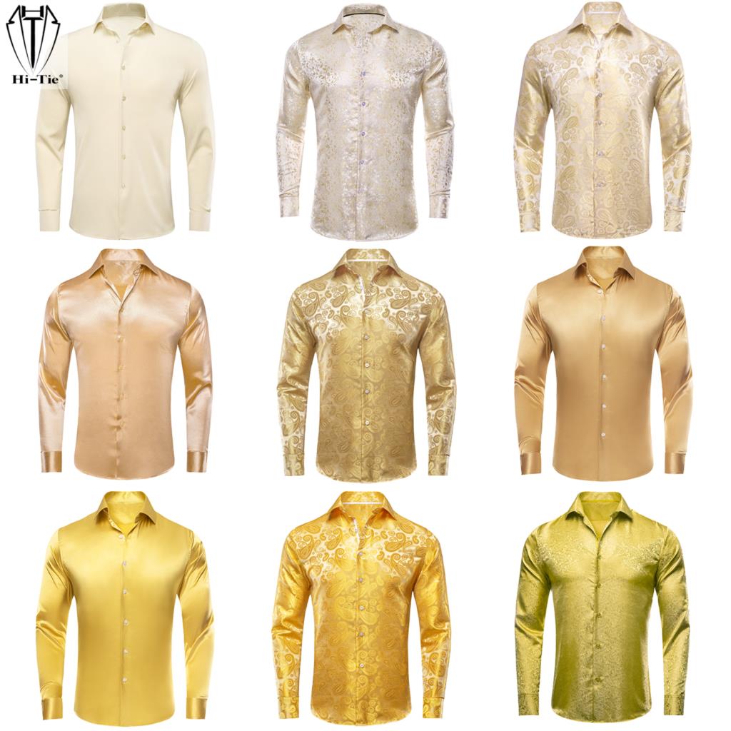 Mens Satin Silk Dress Shirt - Hi-Tie Gold Beige Ivory Champagne Silk