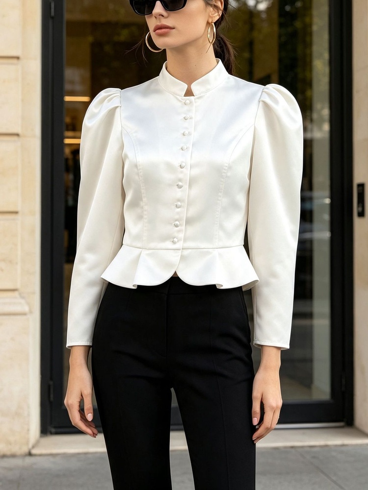 Mandarin Collar Formal Shirt Slim Fit - Tossy Peplum Blouse Long Sleeve Puff