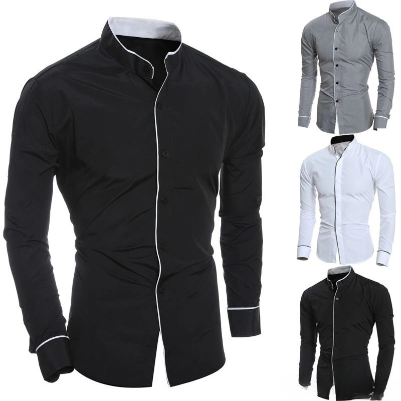 Men Slim Fit Solid Color Long  - Mandarin Collar Formal Shirt Slim Fit review and price