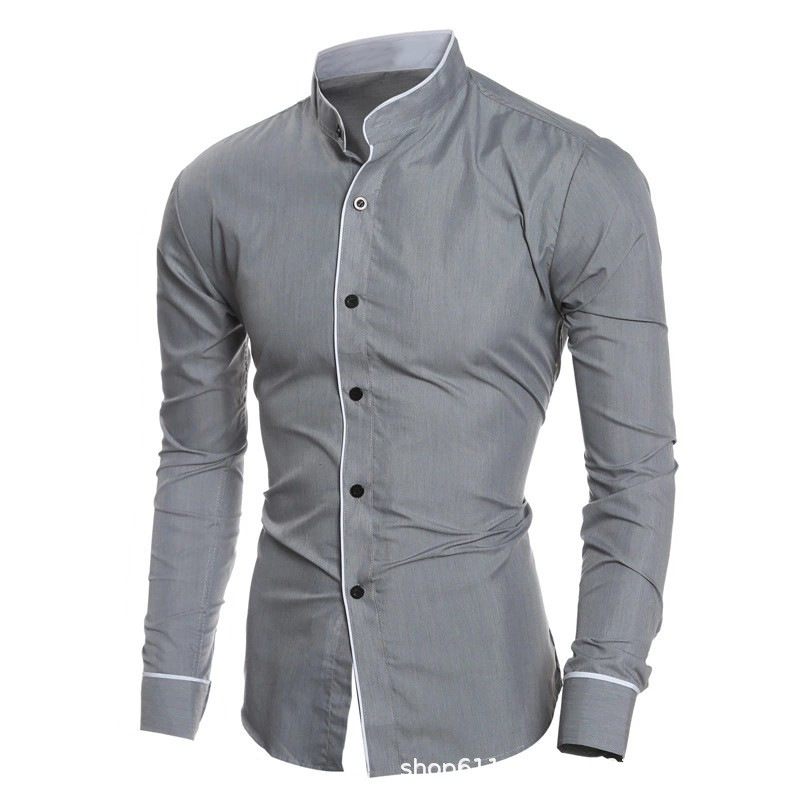 Men Slim Fit Solid Color Long  - Mandarin Collar Formal Shirt Slim Fit review and price