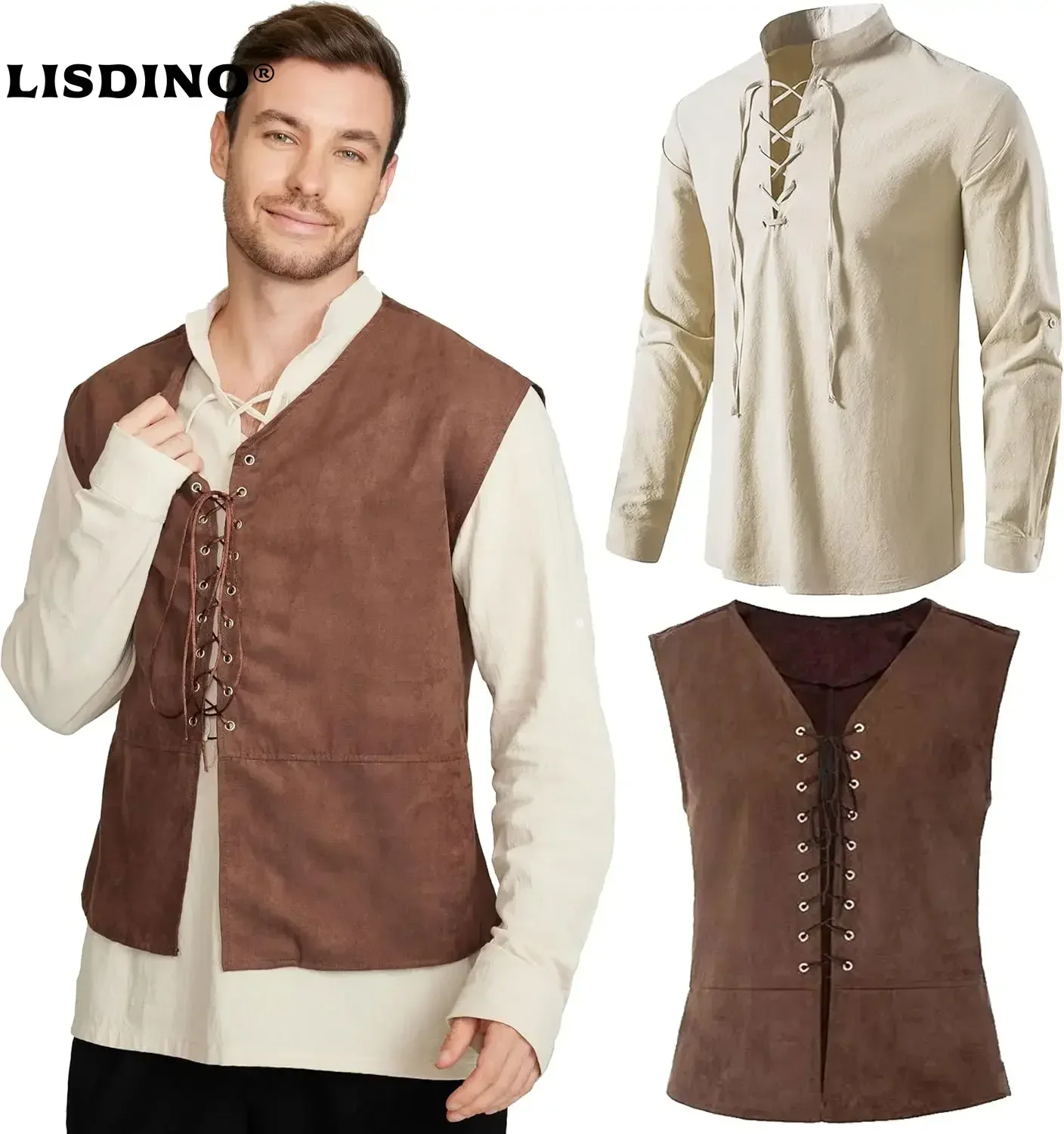 2-piece Set Men's Medieval Pir - Medieval Gothic Lace Up Pirate Shirt review and price