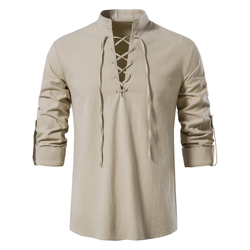 Men's Medieval Lace Up Cotton  - Mens Linen Shirt Long Sleeve review and price