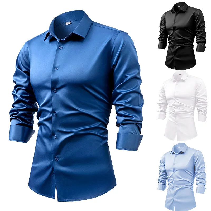2025 Spring Autumn Royal Blue  - Mens Satin Silk Dress Shirt review and price