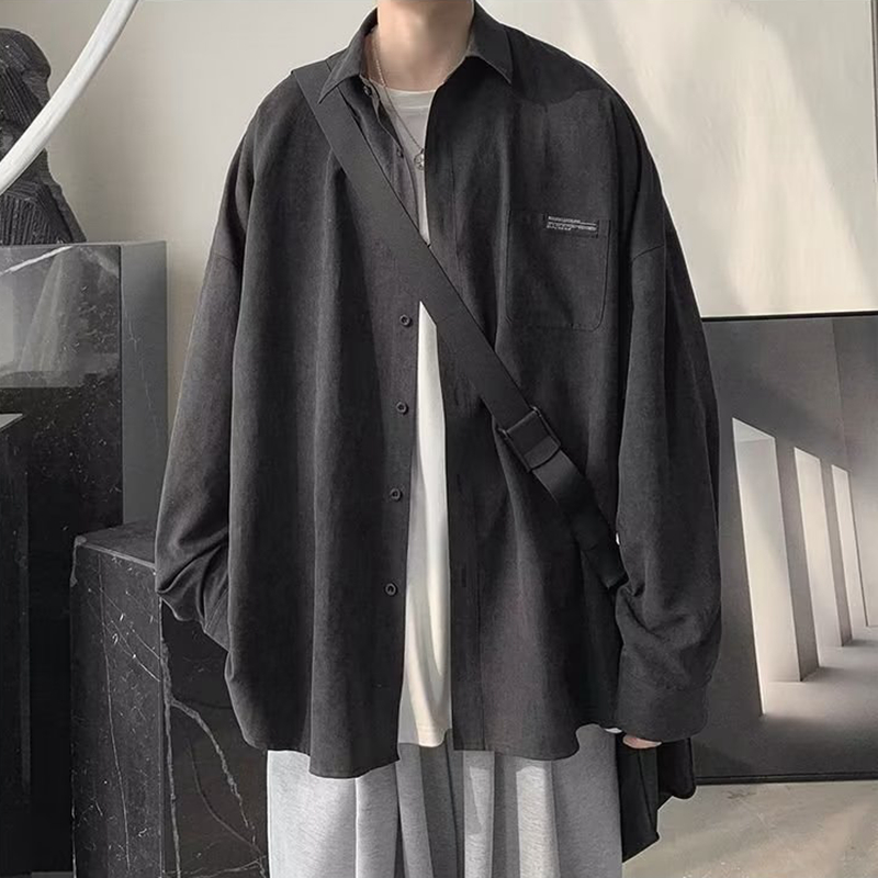 Korean Fashion Black Long Slee - Corduroy Button Up Shirt Men review and price