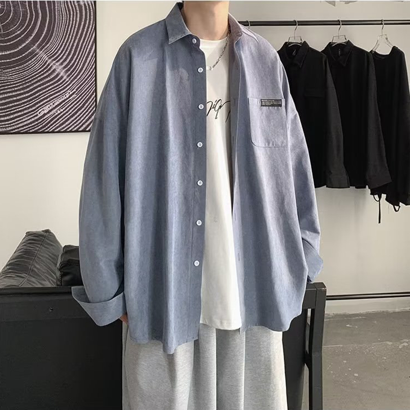 Korean Fashion Black Long Slee - Corduroy Button Up Shirt Men review and price
