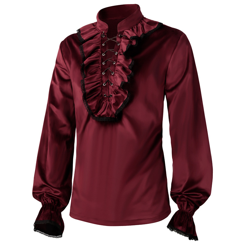 Red Lace Up Ruffles Lantern Sl - Medieval Gothic Lace Up Pirate Shirt review and price