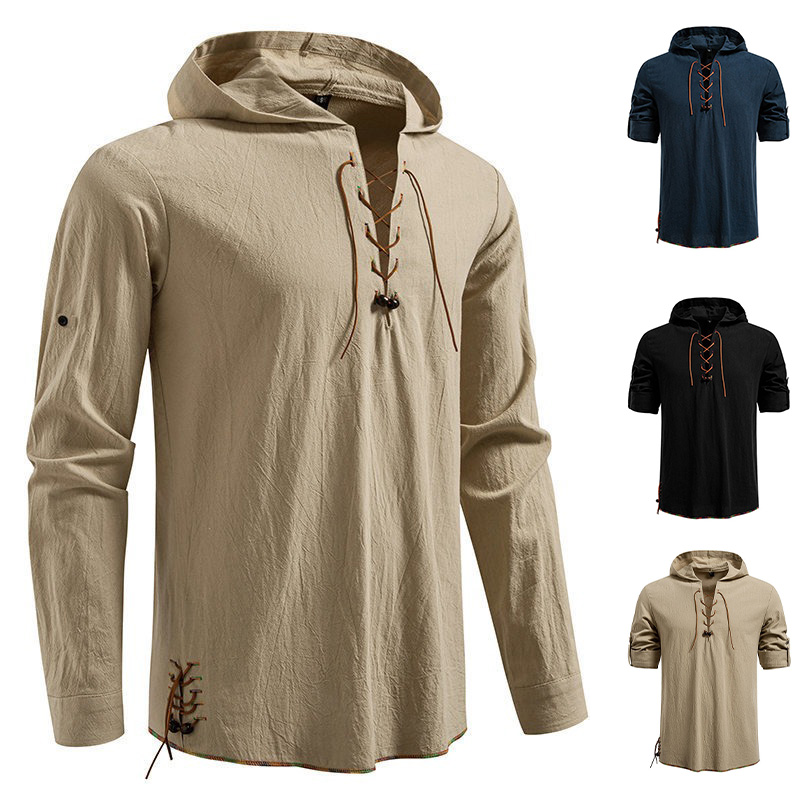 Men's Long Sleeve Hooded T-shi - Medieval Gothic Lace Up Pirate Shirt review and price