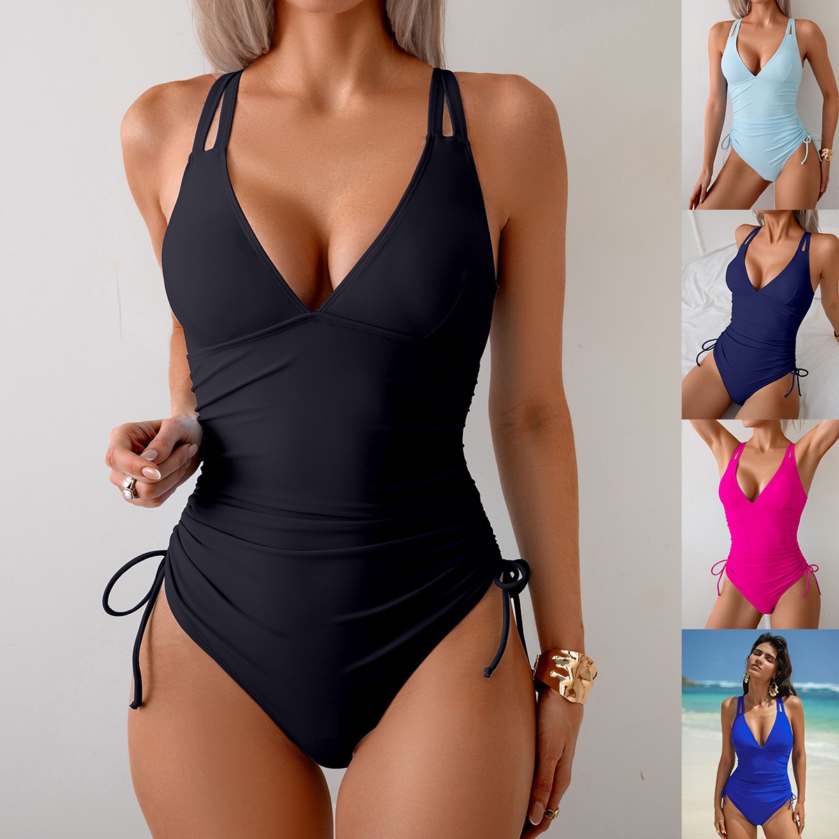 Solid Black Swimsuit V Neck Ru - Suits review and price