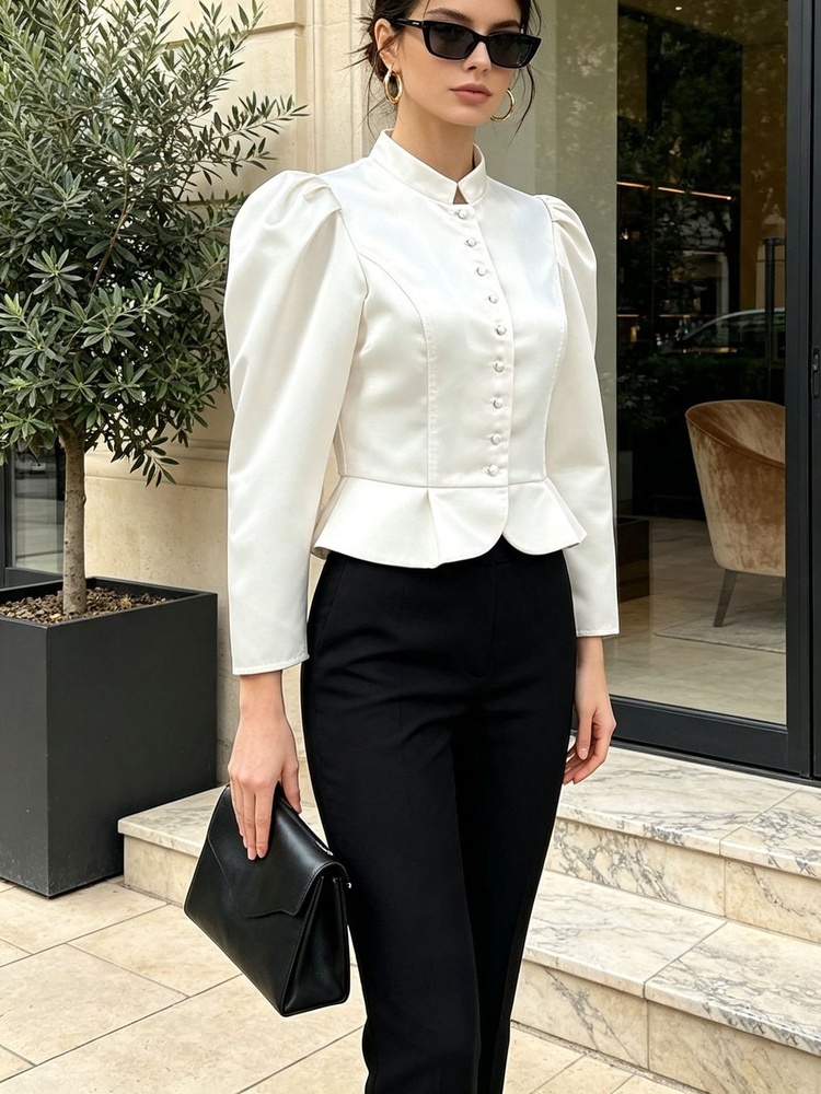 Peplum Blouse Long Sleeve Puff - Mandarin Collar Formal Shirt Slim Fit review and price