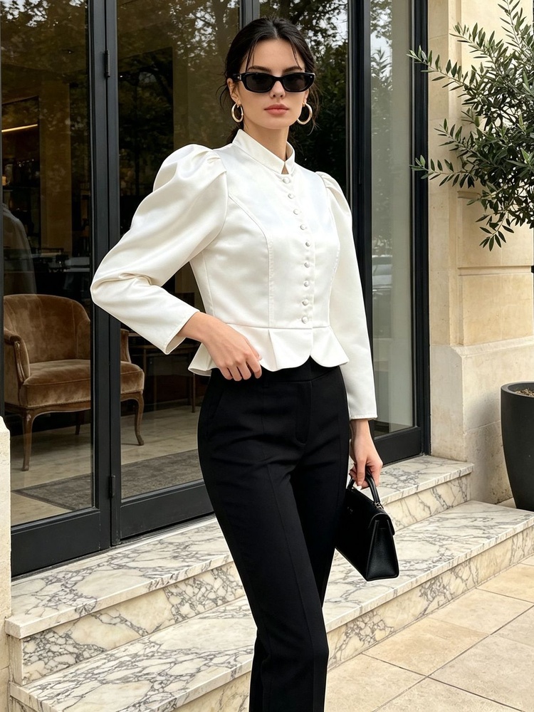 Peplum Blouse Long Sleeve Puff - Mandarin Collar Formal Shirt Slim Fit review and price