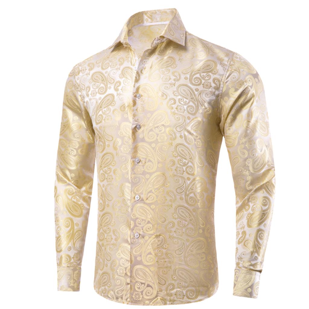 Hi-Tie Gold Beige Ivory Champa - Mens Satin Silk Dress Shirt review and price