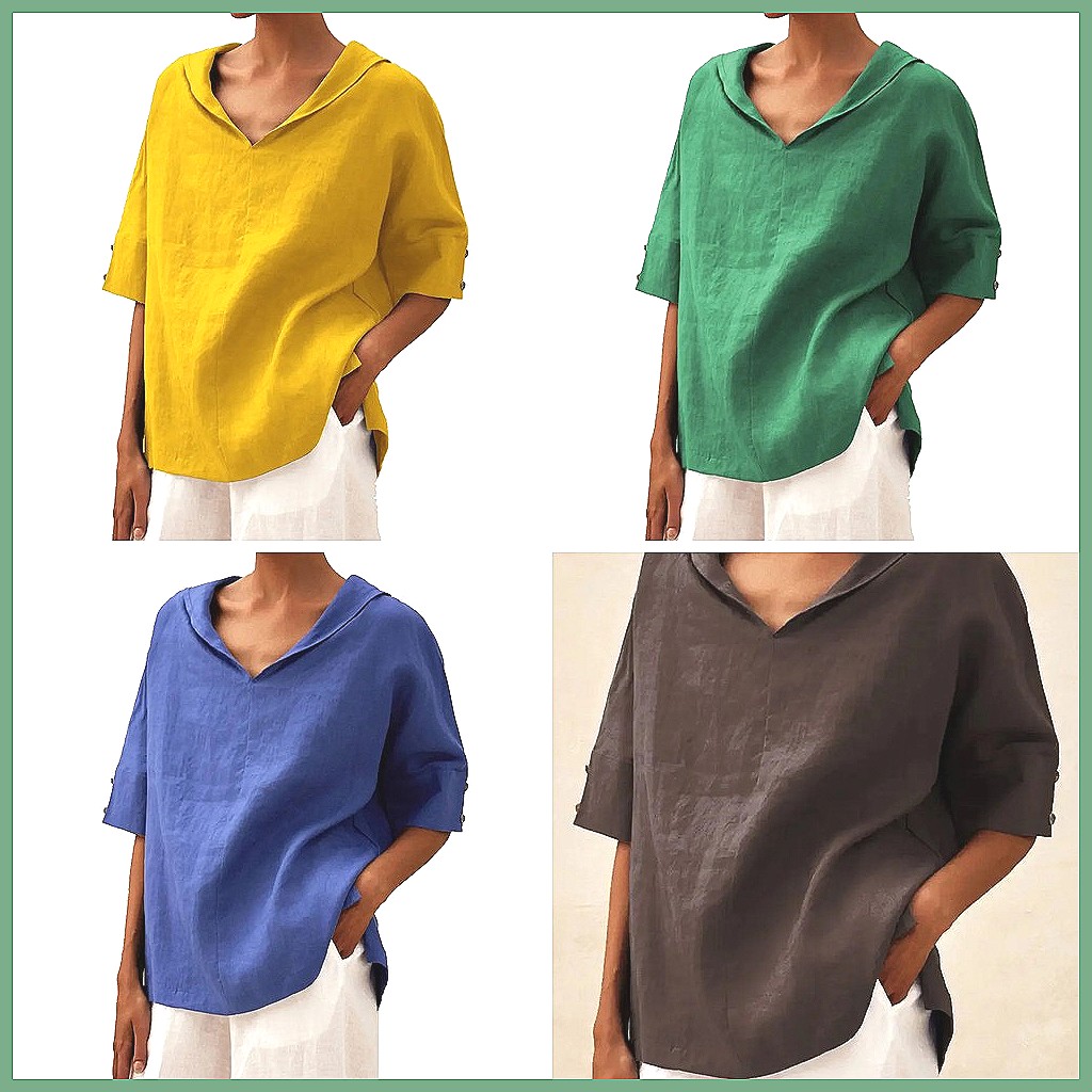 Women's Loose V-Neck Cotton Li - Shirts review and price
