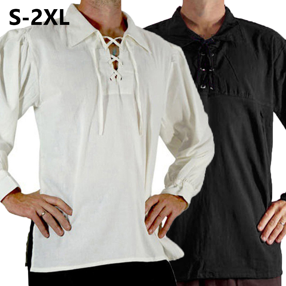 Men Medieval Renaissance Costu - Medieval Gothic Lace Up Pirate Shirt review and price